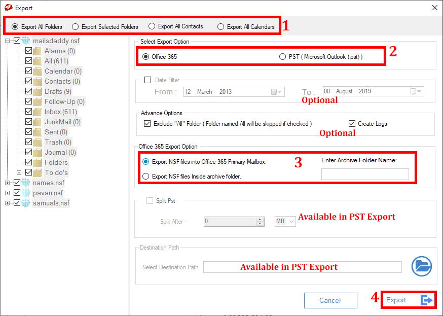 screenshot of Lotus Notes To Office 365 Migration